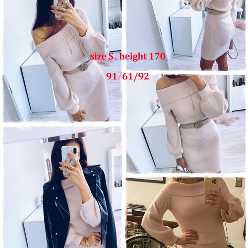 Load image into Gallery viewer, Elegant Knitted Off Shoulder Long Sleeve Soft Sweater Office Dress
