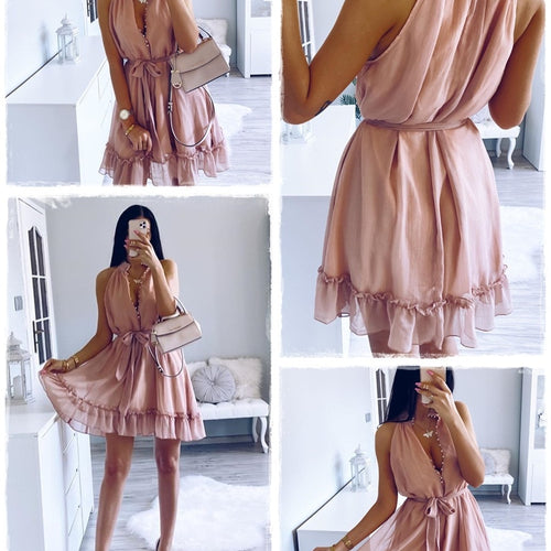 Load image into Gallery viewer, Sexy Sleeveless Solid Ruffled Sash Buttons Party Summer Casual Holiday Chiffon Beach Mini Dress
