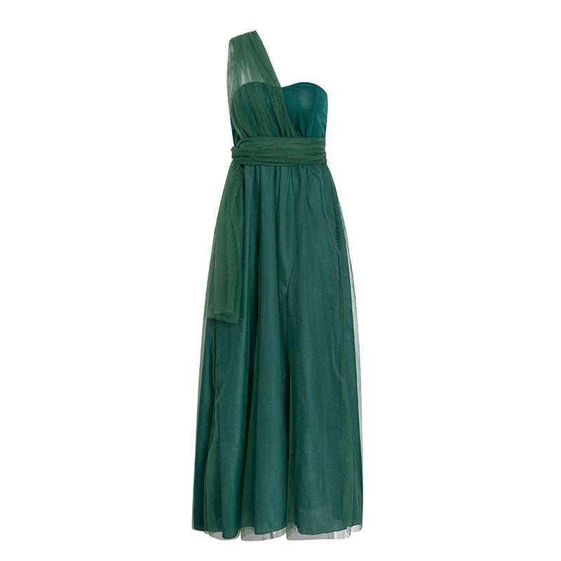 Elegant Tulle Solid Green Sexy Tube Top One Shoulder Summer Holiday Slim Flow Beach Dress