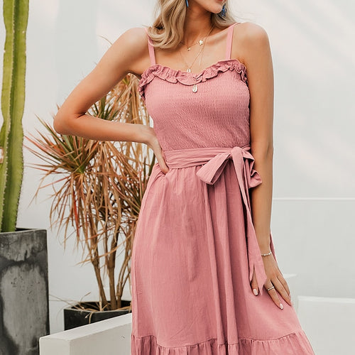 Load image into Gallery viewer, Sleeveless Ruffle Elegant Ruched Sashes Bow Cotton Summer Midi Sexy Solid Dress
