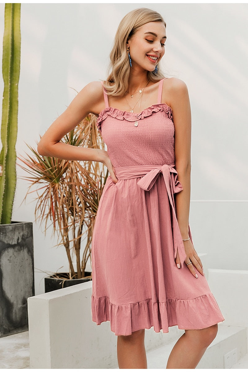 Sleeveless Ruffle Elegant Ruched Sashes Bow Cotton Summer Midi Sexy Solid Dress