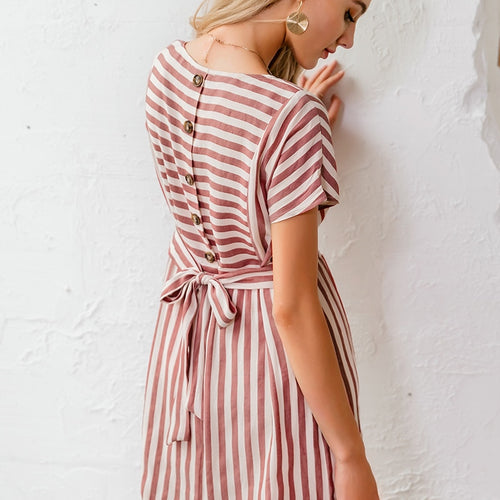 Load image into Gallery viewer, Striped Casual Buttons Strap Short Sleeve Summer O-neck A-line Holiday Dress
