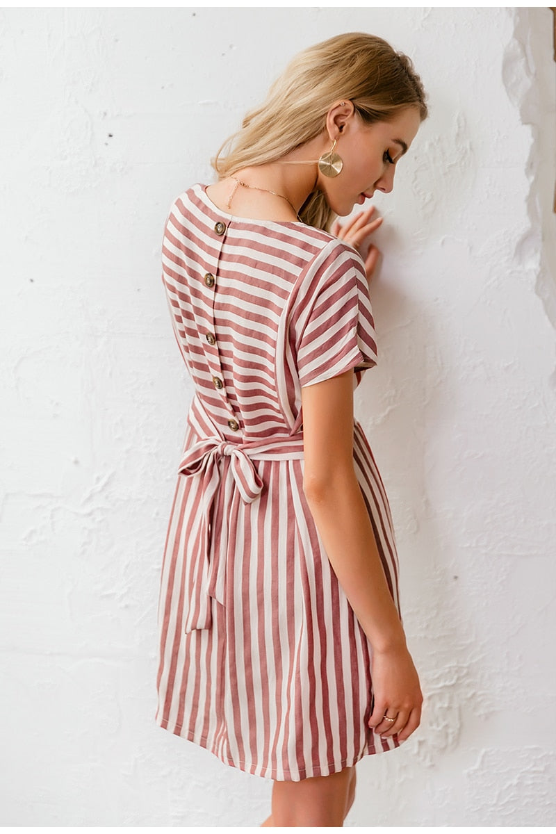 Striped Casual Buttons Strap Short Sleeve Summer O-neck A-line Holiday Dress