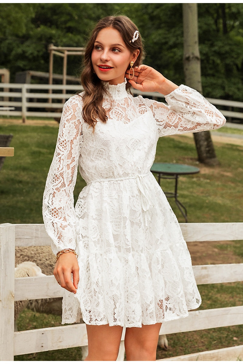 Solid White Lace Sexy V-neck Floral Summer Cotton White Midi Dress