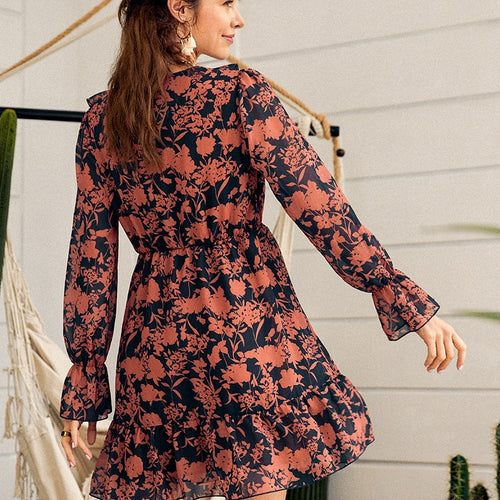 Load image into Gallery viewer, Sexy V-neck Long Sleeve Midi Summer Holiday Chiffon Ruched Floral Print Solid Lace Dress
