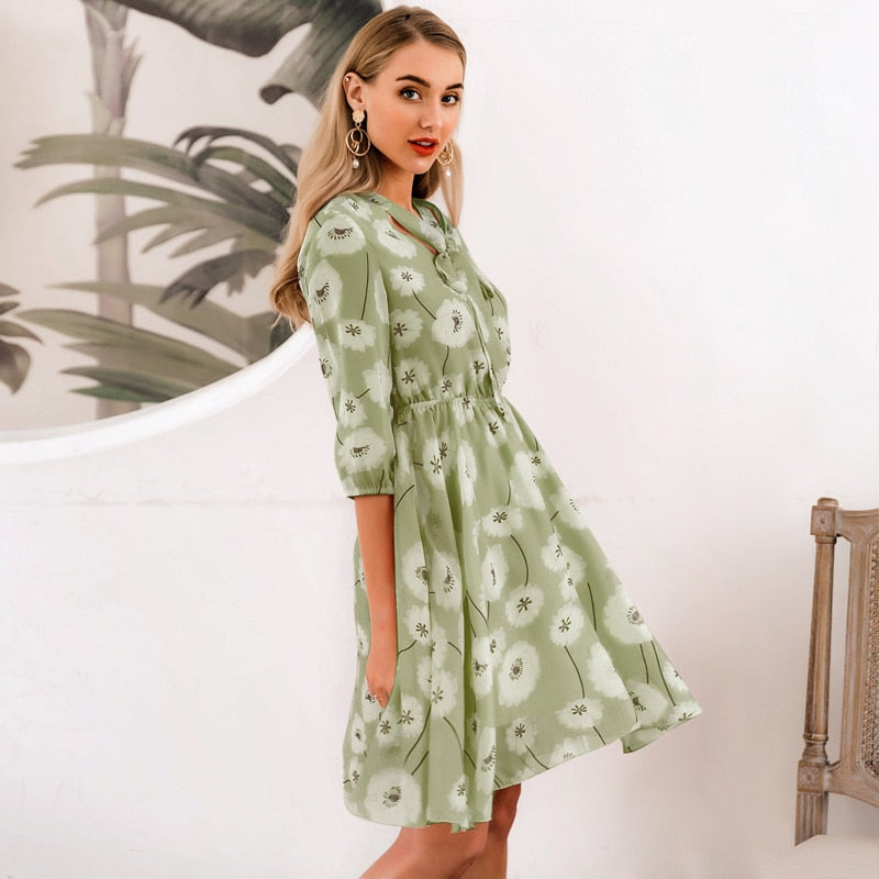 Elegant Floral Summer High Waist Print Work Office Half Sleeve Lady Vintage Spring Chic Party Dress