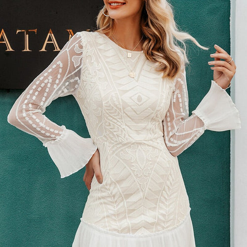 Load image into Gallery viewer, Sexy High Waist White Elegant Hollow Out Geometric Lace Ruffled Sleeve Office Party Dress
