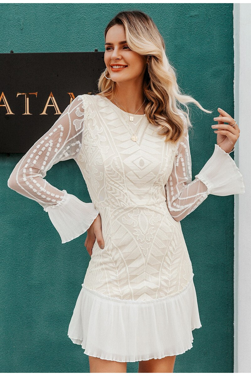 Sexy High Waist White Elegant Hollow Out Geometric Lace Ruffled Sleeve Office Party Dress