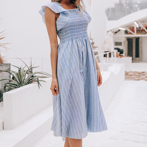 Load image into Gallery viewer, Vintage Striped Long Ruffle Linen Blue Elegant Summer Casual Cotton Fashion Female Dress
