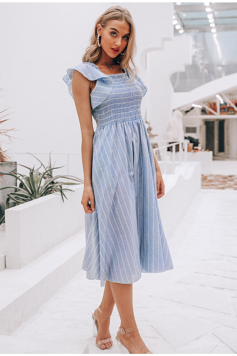 Vintage Striped Long Ruffle Linen Blue Elegant Summer Casual Cotton Fashion Female Dress