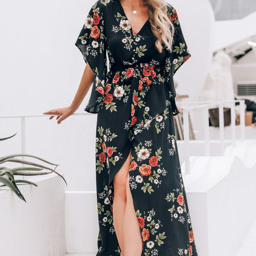 Load image into Gallery viewer, Boho Floral Print Summer Asymmetrical Sleeve Sashes Split Chiffon Casual Beach Dress
