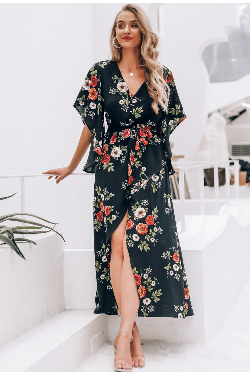 Boho Floral Print Summer Asymmetrical Sleeve Sashes Split Chiffon Casual Beach Dress