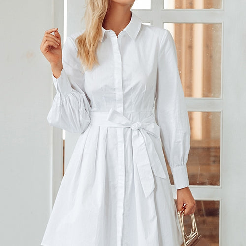 Load image into Gallery viewer, Pleated High Waist Vintage Office Lady White Long Sleeve Cotton Winter Dress
