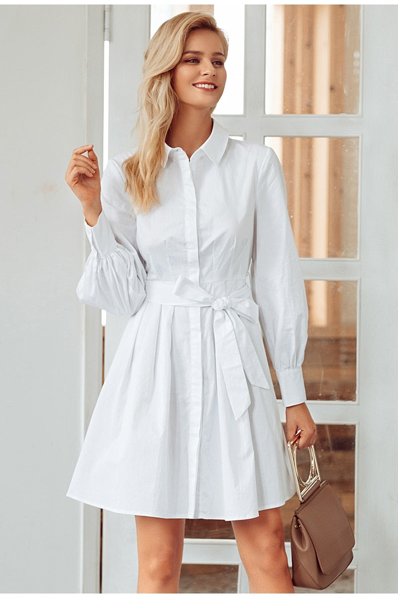 Pleated High Waist Vintage Office Lady White Long Sleeve Cotton Winter Dress