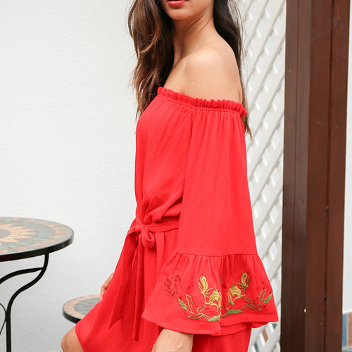 Load image into Gallery viewer, Off Shoulder Flare Sleeve Embroidery Sexy Ruffle Red Short Belt Bow Loose Beach Summer Dress
