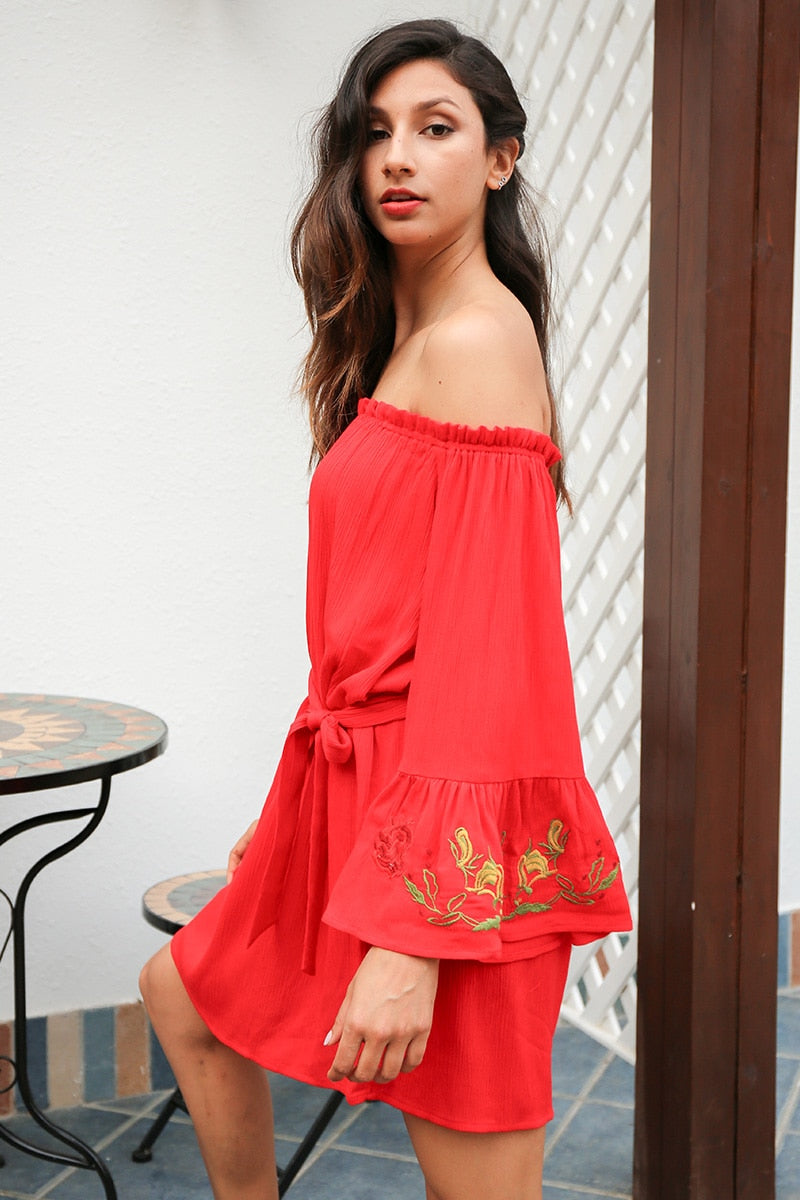 Off Shoulder Flare Sleeve Embroidery Sexy Ruffle Red Short Belt Bow Loose Beach Summer Dress