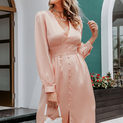 Load image into Gallery viewer, Sexy Deep V-neck Satin Midi Vintage Long Sleeve Buttons High Waist Party Elegant Silk Dress
