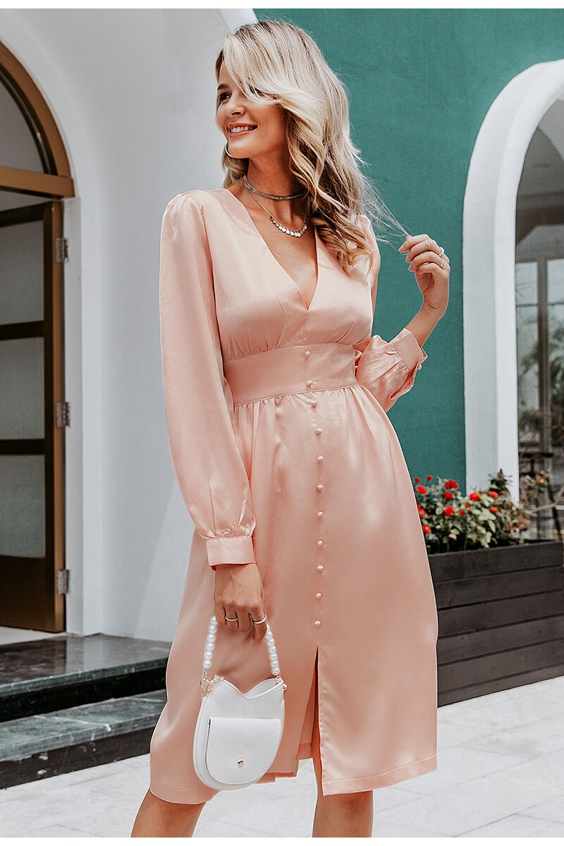 Sexy Deep V-neck Satin Midi Vintage Long Sleeve Buttons High Waist Party Elegant Silk Dress