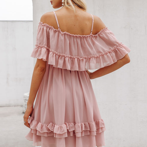 Load image into Gallery viewer, Elegant Off Shoulder Ruffle Strap Chiffon Summer Casual Holiday Dress
