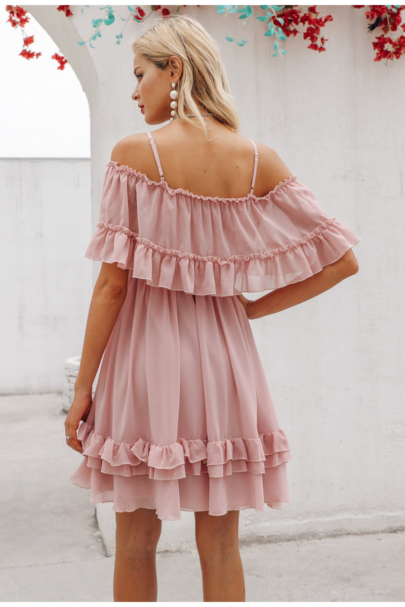 Elegant Off Shoulder Ruffle Strap Chiffon Summer Casual Holiday Dress