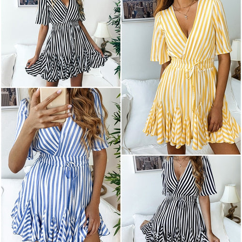 Load image into Gallery viewer, Vintage Striped V-neck Ruffle Cotton Short Summer Sexy Casual Dress
