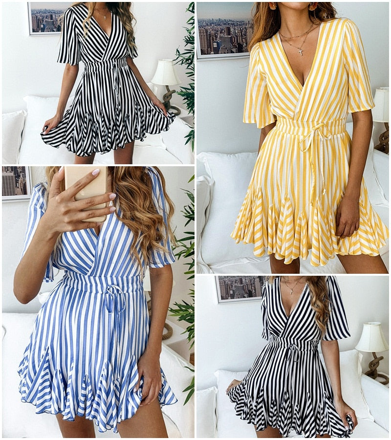 Vintage Striped V-neck Ruffle Cotton Short Summer Sexy Casual Dress