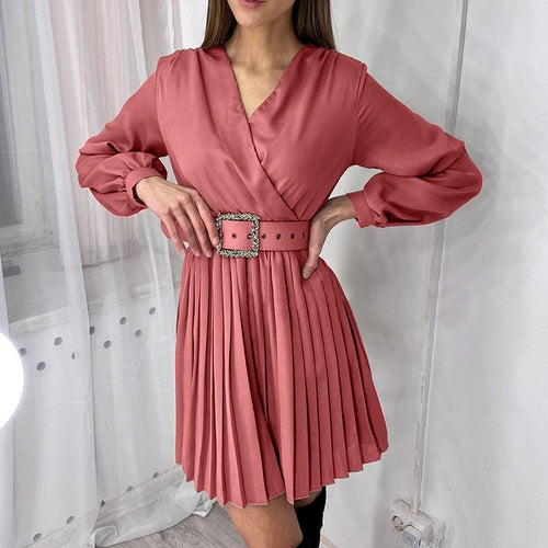 Load image into Gallery viewer, Sexy V-neck Solid Office Long Sleeve Belt Pleated Mini Slim Dress
