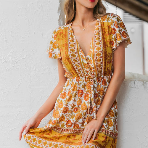 Load image into Gallery viewer, Boho Floral Print Summer Holiday Sash V-neck Beach Casual Ladies Chic Buttons Short Party Dress
