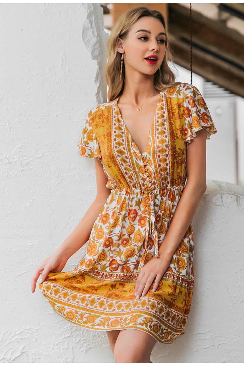 Boho Floral Print Summer Holiday Sash V-neck Beach Casual Ladies Chic Buttons Short Party Dress