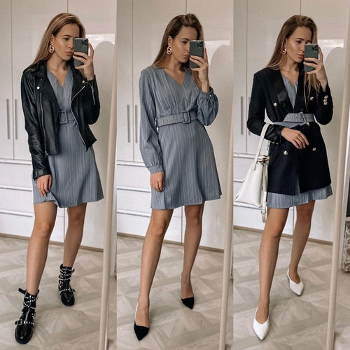 Load image into Gallery viewer, Sexy V-neck Striped Casual Long Sleeve Fashion Belt A-line Office Mini Dress
