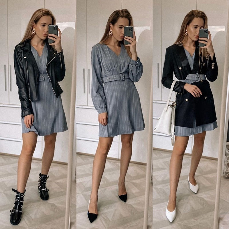 Sexy V-neck Striped Casual Long Sleeve Fashion Belt A-line Office Mini Dress