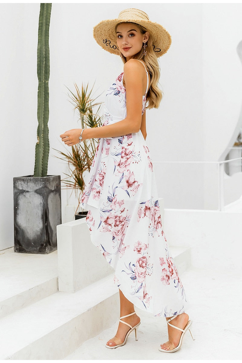 Sexy V-neck Spaghetti Strap Summer Elegant Floral Print Asymmetrical Long Sundress Maxi Dress