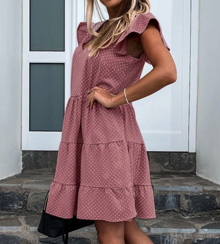 A-line Polka Dot Print Summer Sexy Deep V-neck Mid Waist Casual Ruffle Loose Elegant Dress
