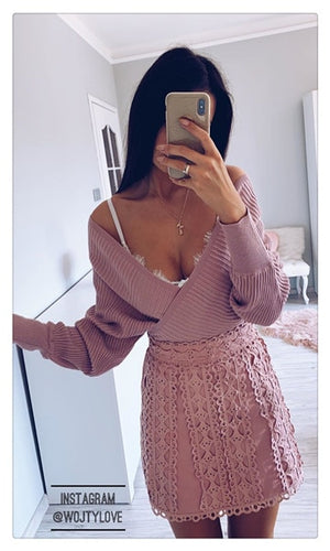 Load image into Gallery viewer, Sexy V-neck Knitted Skirt Batwing Sleeve 2 Pieces Elegant Party Sweater Pink Dress
