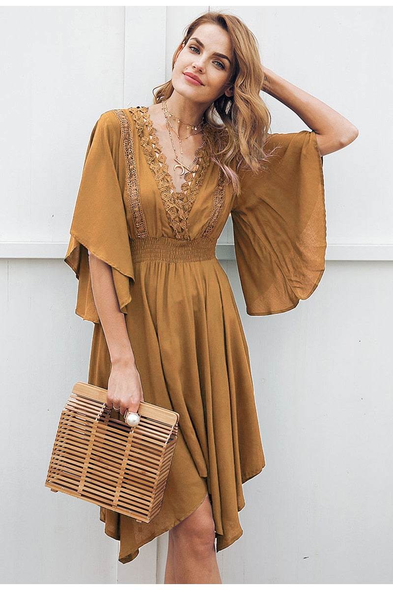 V-neck Lace Hollow Out Summer Irregular High Waist Midi Casual Streetwear Dress