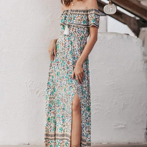 Load image into Gallery viewer, Boho Floral Print Off Shoulder Strap Ruffled High Waist Summer Casual Holiday Tassel Cotton Maxi Dress
