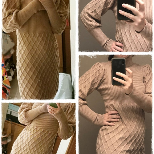 Load image into Gallery viewer, Turtleneck Long Cable Knitted Pullover Sweater Vintage Autumn Winter Lantern Sleeve Dress
