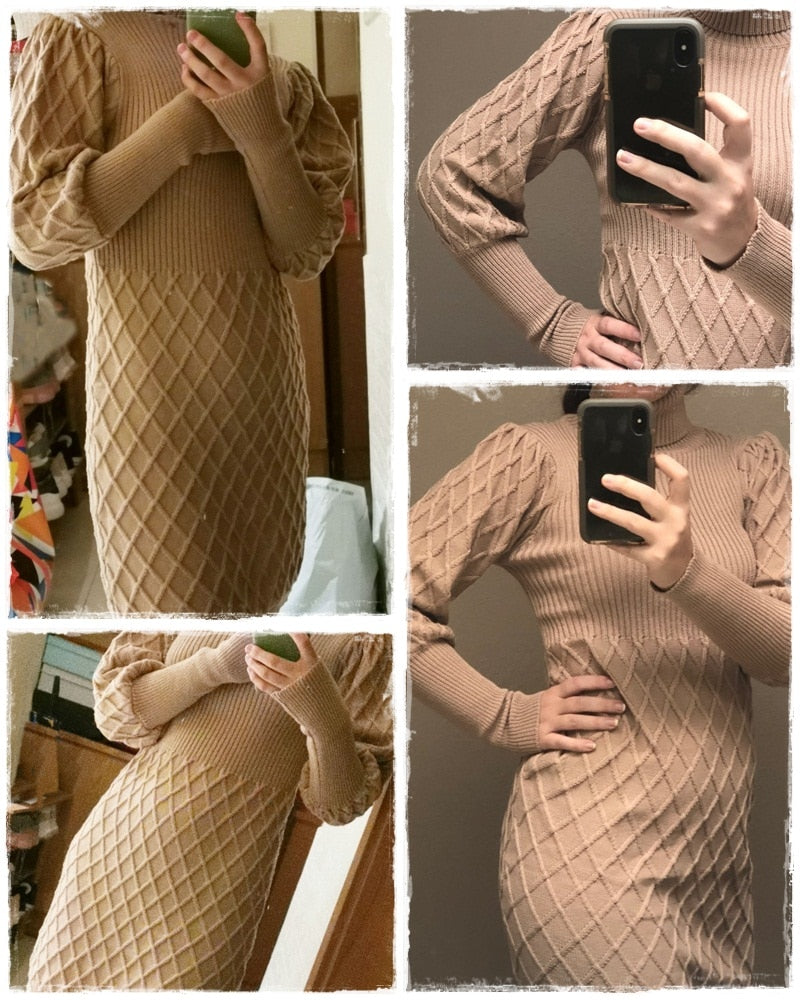 Turtleneck Long Cable Knitted Pullover Sweater Vintage Autumn Winter Lantern Sleeve Dress