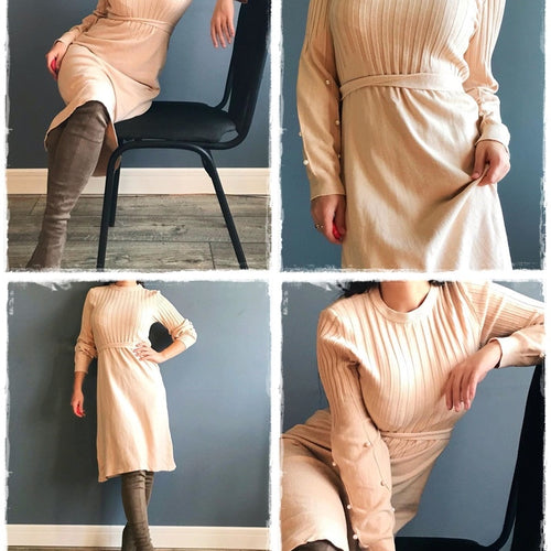 Load image into Gallery viewer, Elegant Sash Belt Sweater O-neck Pearl Lantern Sleeve Knitted Autumn Winter Jumper Pink Dress
