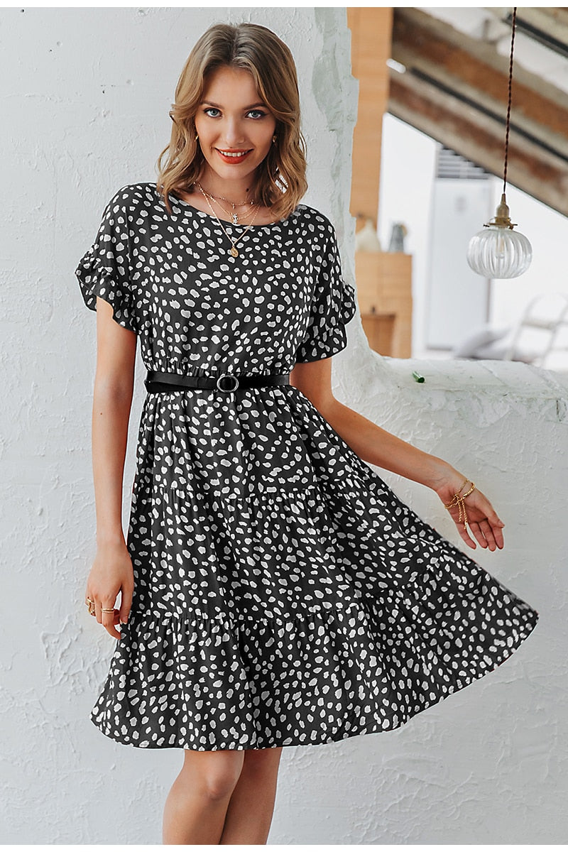 Sexy Polka Dot Casual O-neck Loose Leopard Print Summer Casual Short Sleeve Ruffle Dress