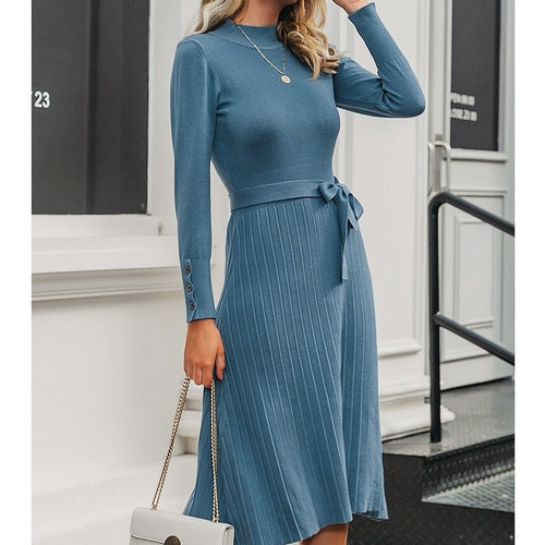 Load image into Gallery viewer, Elegant Knitted Streetwear Buttons Belt Bodycon Long Sleeve Office Turtleneck Maxi Sweater Dress

