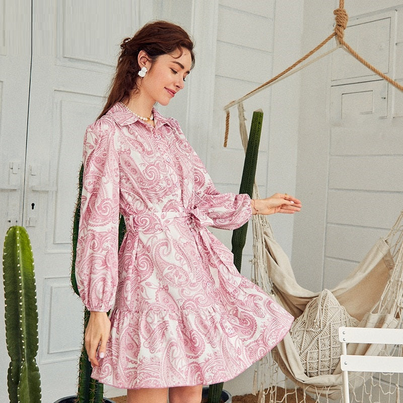 Casual Pink Print Long Sleeve Chiffon Autumn Holiday High Waist Ruffle Office Dress