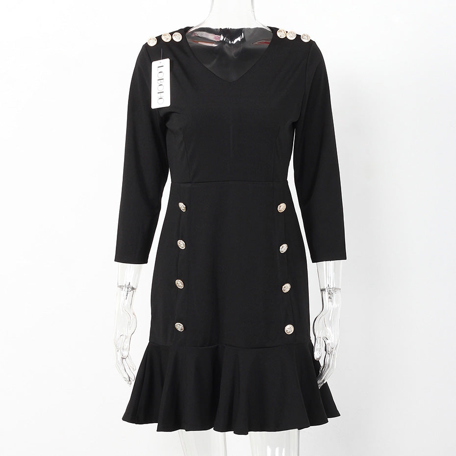 Elegant Plus Size Ruffle Double Buttoned Dress-women-wanahavit-Black-XXL-wanahavit