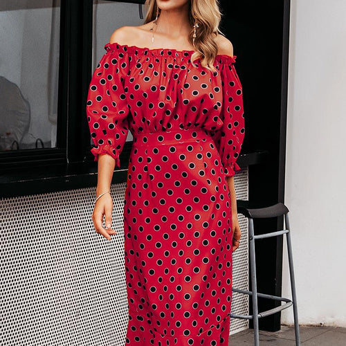 Load image into Gallery viewer, Sexy Off Shoulder Maxi Slim Polka Dots High Waist Ruffle Casual Party Dress
