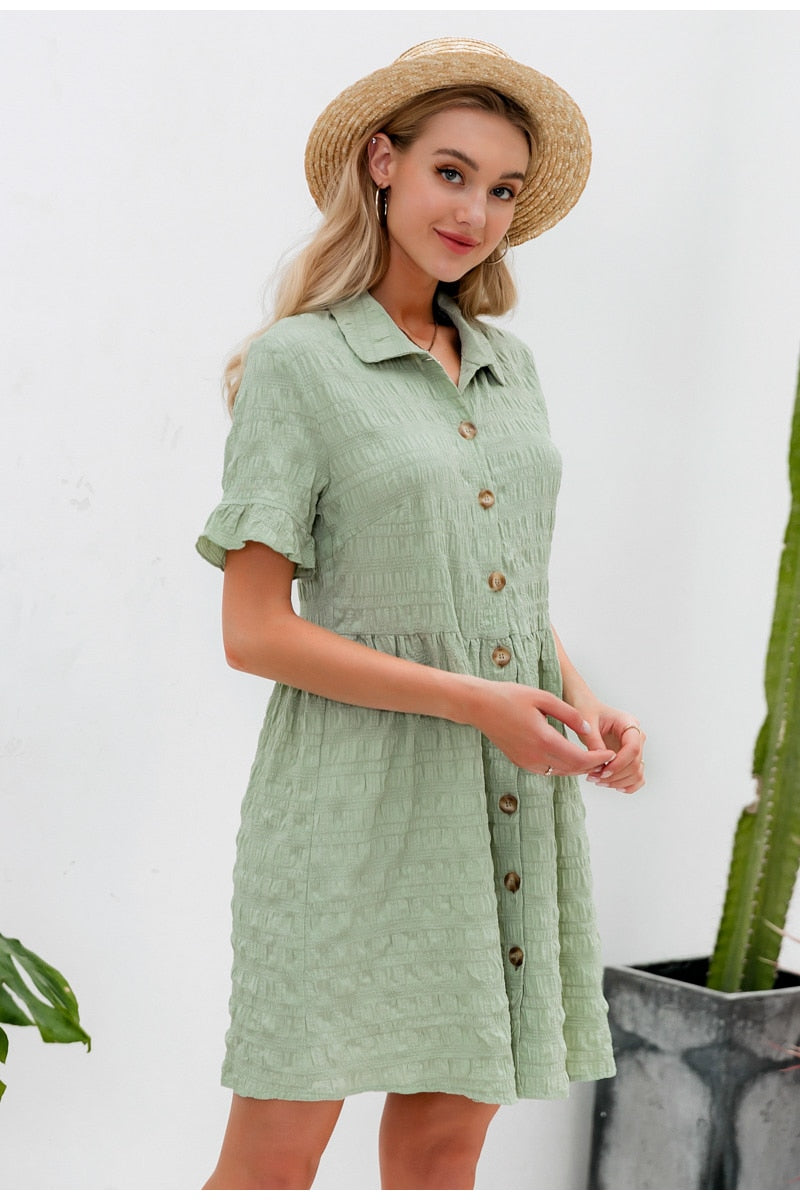 Streetwear Solid Summer Shirt Collar Ruffled Casual Party Buttons Office Dress