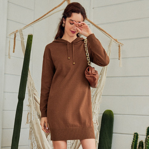 Load image into Gallery viewer, Winter Hooded Sweater Short Knitwear Autumn Basic Solid Casual Knitted Sweater Dress
