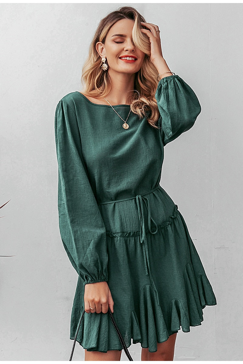 Elegant Loose Short Party Streetwear Lantern Strap Ruffled Cotton O-neck Office Dress