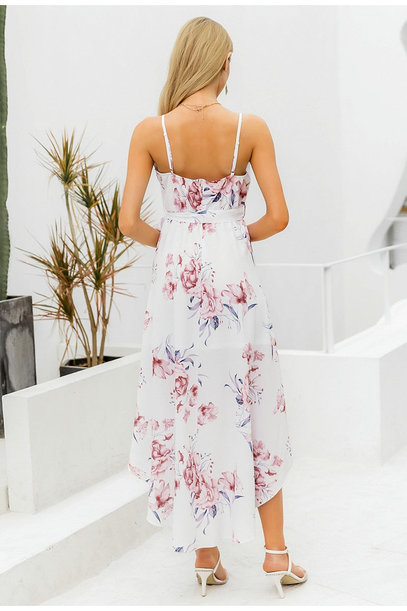 Sexy V-neck Spaghetti Strap Summer Elegant Floral Print Asymmetrical Long Sundress Maxi Dress