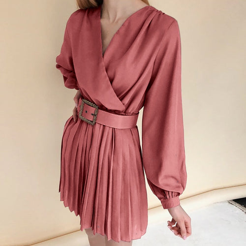 Load image into Gallery viewer, Sexy V-neck Solid Office Long Sleeve Belt Pleated Mini Slim Dress
