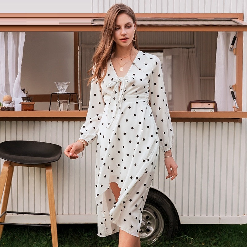 Sexy Polka Dot Elegant Half Sleeve Bow Knot Flowy Sundress Daily Midi Dress